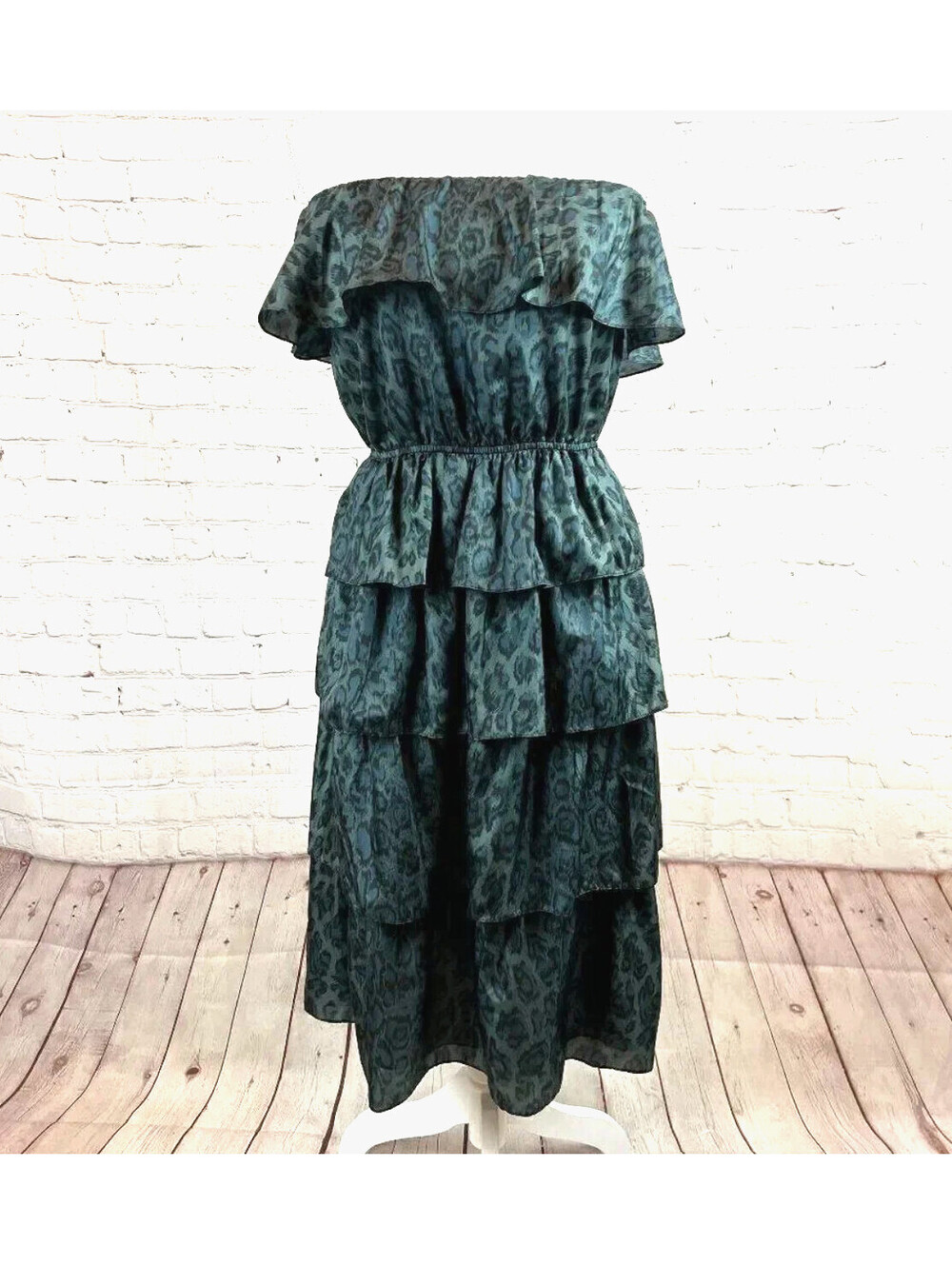 REBECCA TAYLOR teal silk animal dress ruffle frill off shoulders size 4 NWT